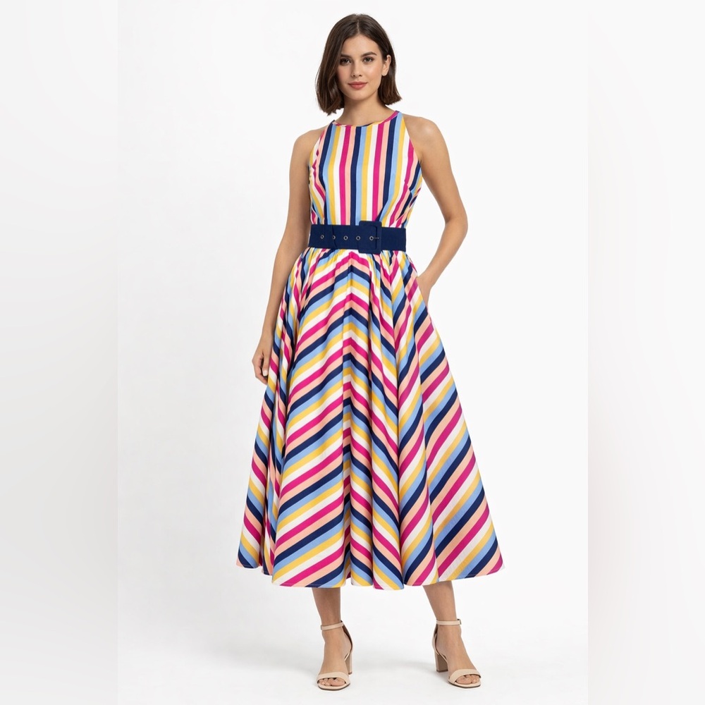 J.Crew Striped Midi Dress Multicolor Cotton Sleeveless Belted Size 6 NWT